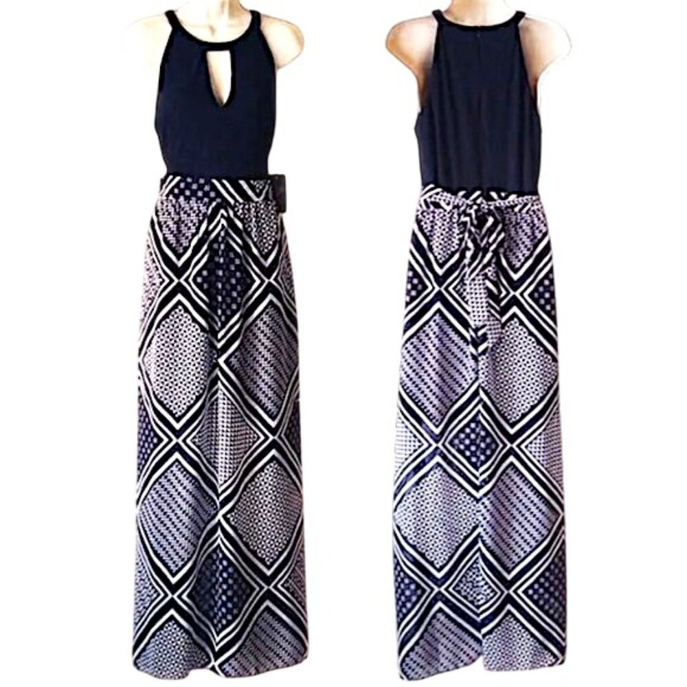 NWT Vince Camuto Knit Jersey Navy Geometric Georgette Maxi Dress 14 VC0-1248
